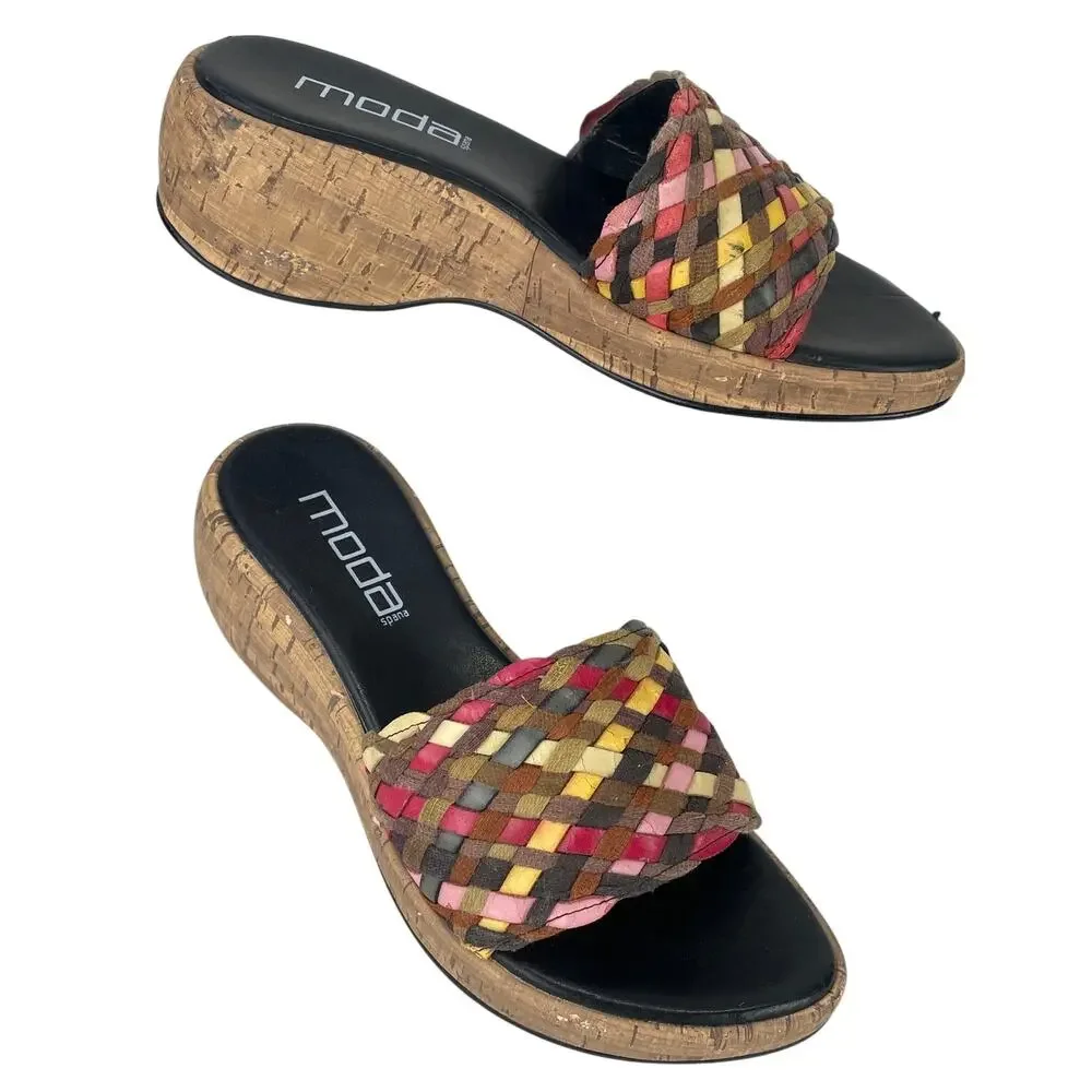 Moda Spana Women's Woven Multicolor Wedge Sandal Brown Pinks Yellow Cream S 7.5